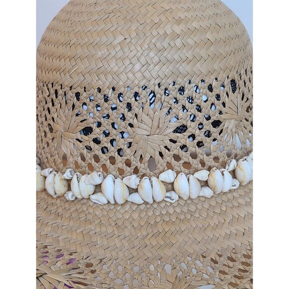 Vintage Raffia Straw Sun Hat Open Cane Weave Round Crown Wide Brim Shell Band - Picture 5 of 10